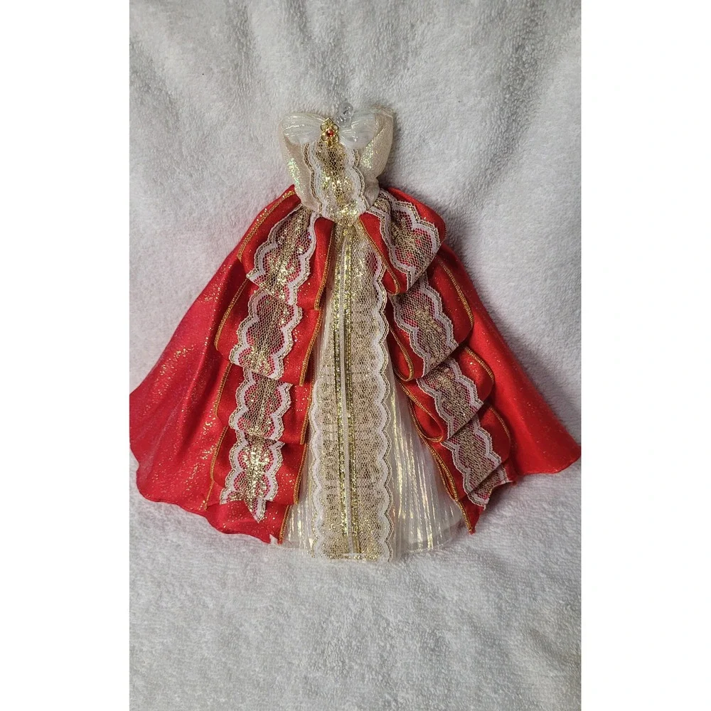 Red and Gold Holiday Doll Ball Gown Lace Tiered Formal Dress Accessory